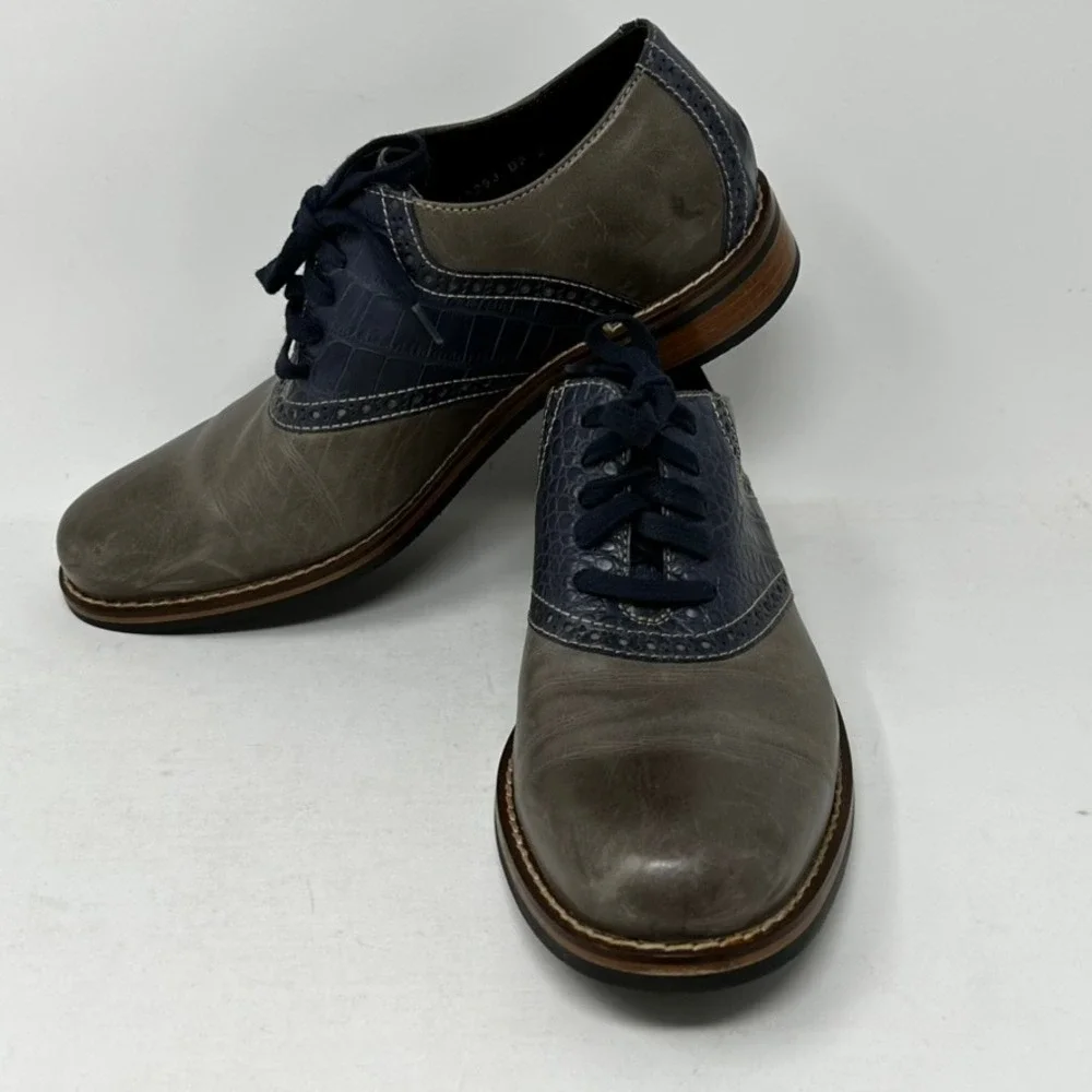 Cole Haan Mens 7.5 M Grey Navy Blue Croc Saddle Oxford Shoes C10293